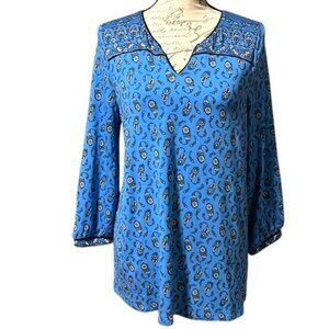 J. Jill Stretch Knit Tunic Blue Paisley 3/4 Sleeve V-Neck